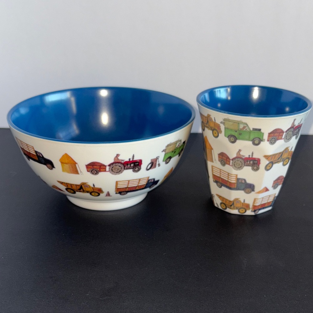 Emma Bridgewater Melamine Bowl and Cup Set Vehicles “Men at work”